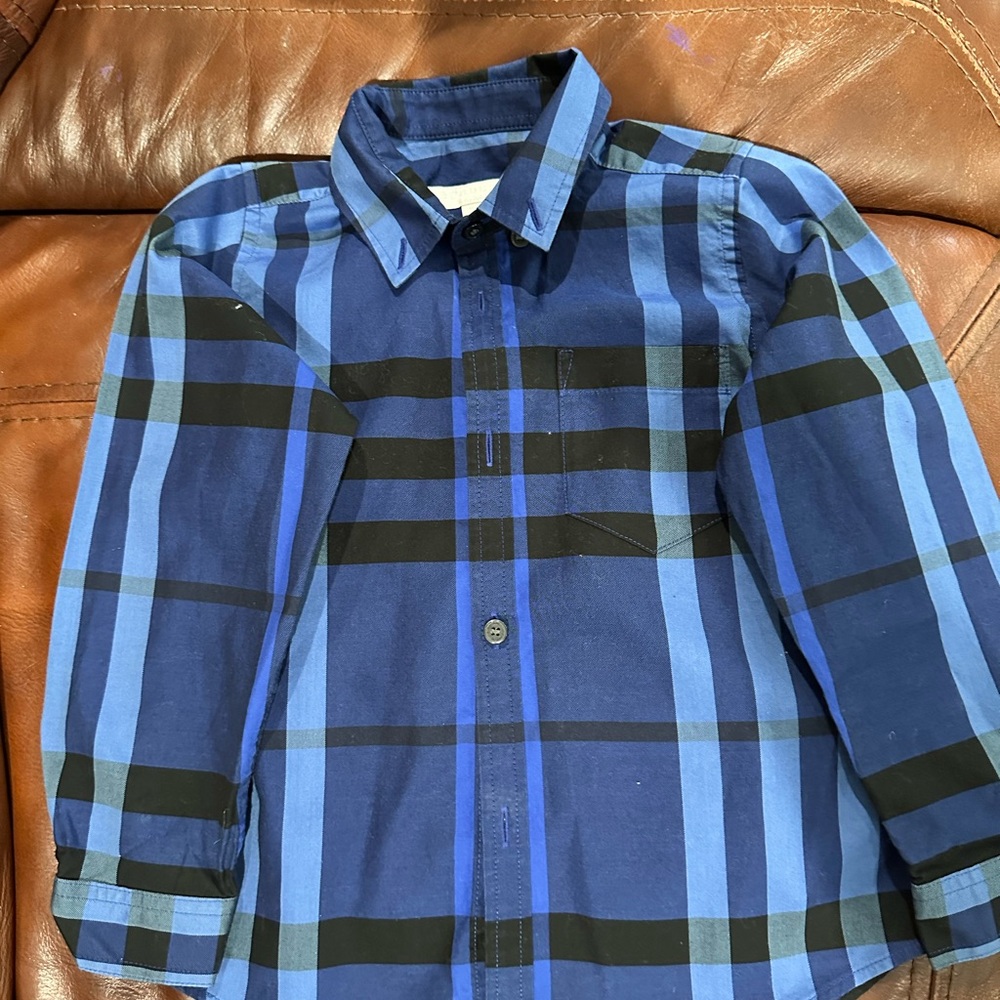 Burberry Kids Navy and Black Plaid Button Down Shirt